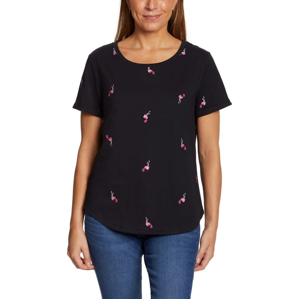 NWT Flamingo Embroidered Black Cotton Short Sleeve Scoop Neck Tee Shirt Medium